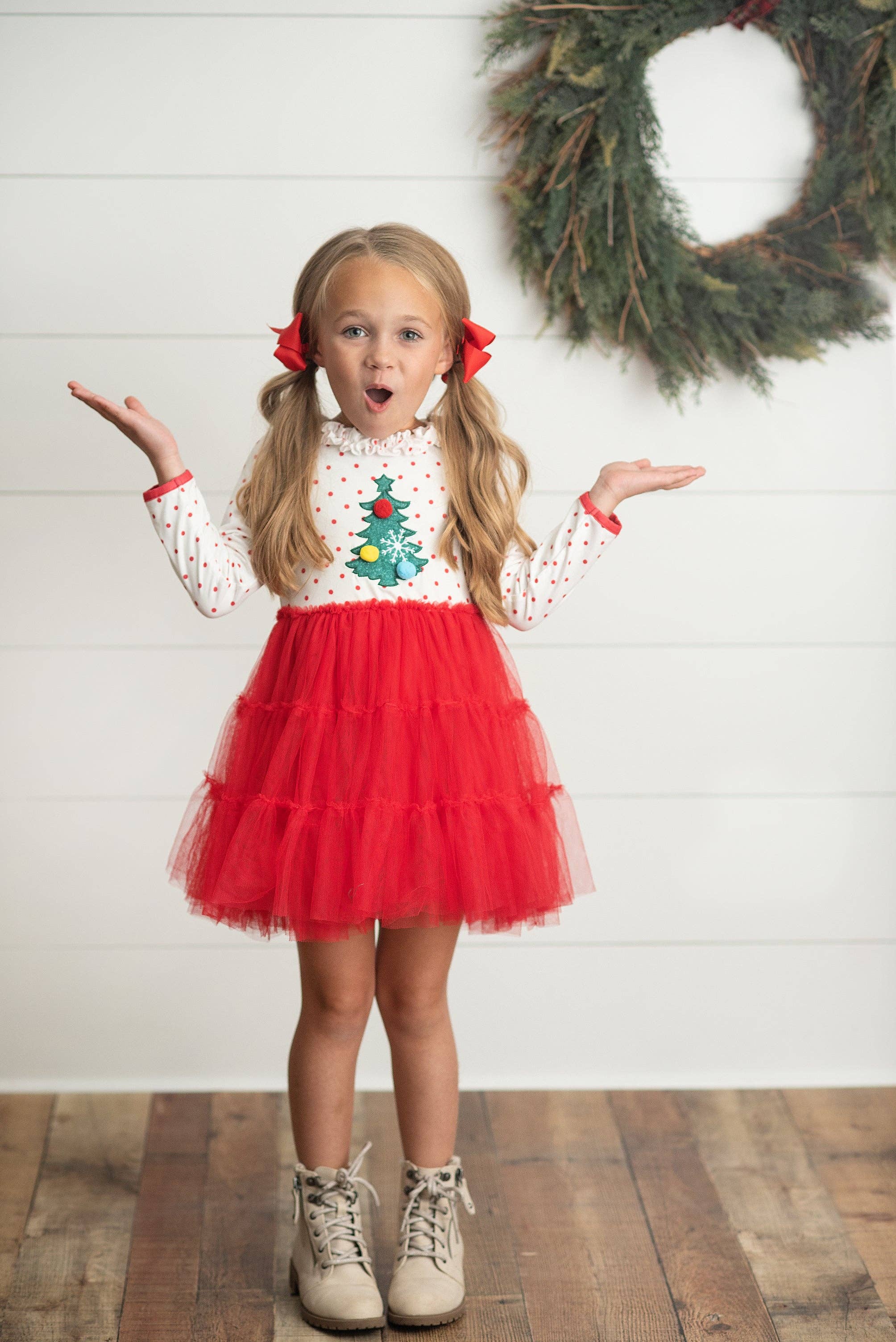 Kids Red & White Dot Pom Pom Christmas Tree Tulle Dress Little-Minnows Kids Red & White Dot Pom Pom Christmas Tree Tulle Dress Little-Minnows