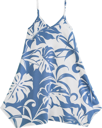 Blue and White Aloha V-Neck Scarf Hem Dress