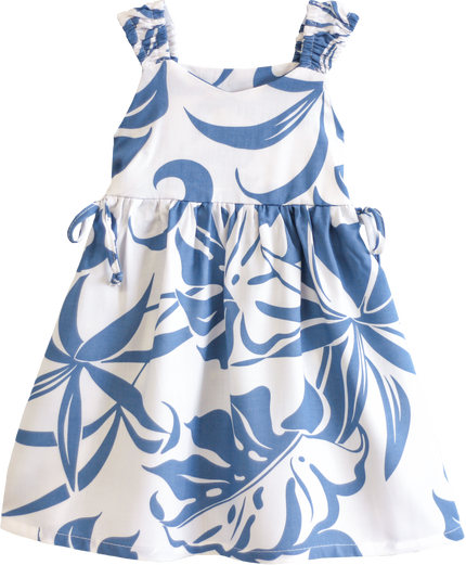 Blue and White Aloha Side Tie Elastic Strap Dress