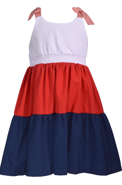 Tiered Bow Shoulder Red, White, Blue Dress