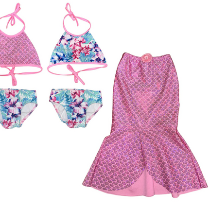 3 Piece Set-Bikini with Mermaid Tail Skirt UPF50