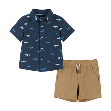 Boys Baby Short Sleeve Knit Buttondown & Shorts Set