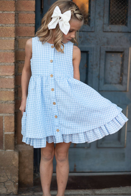 Kids Blue & White Gingham Check Pocket Ruffle Spring Dress