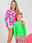 Tween Girls Neon Palm Paradise Long Sleeve Zipper Rash Guard 2-Piece Swimsuit
