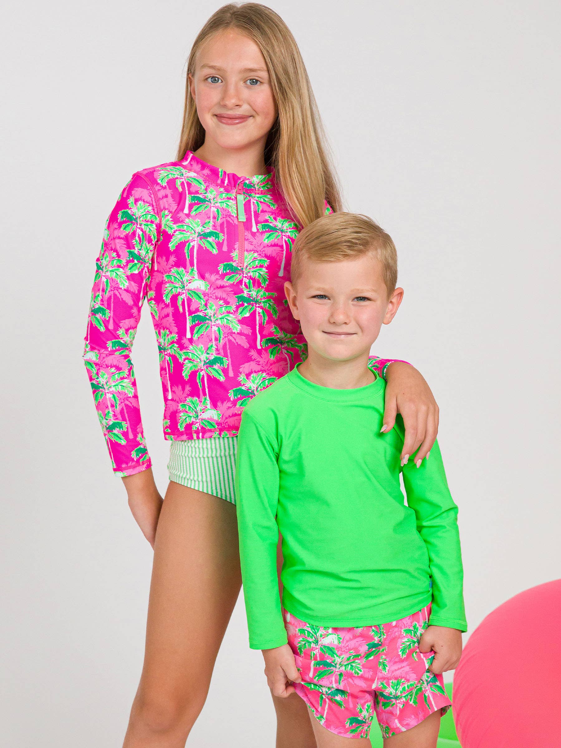 Tween Girls Neon Palm Paradise Long Sleeve Zipper Rash Guard 2-Piece Swimsuit