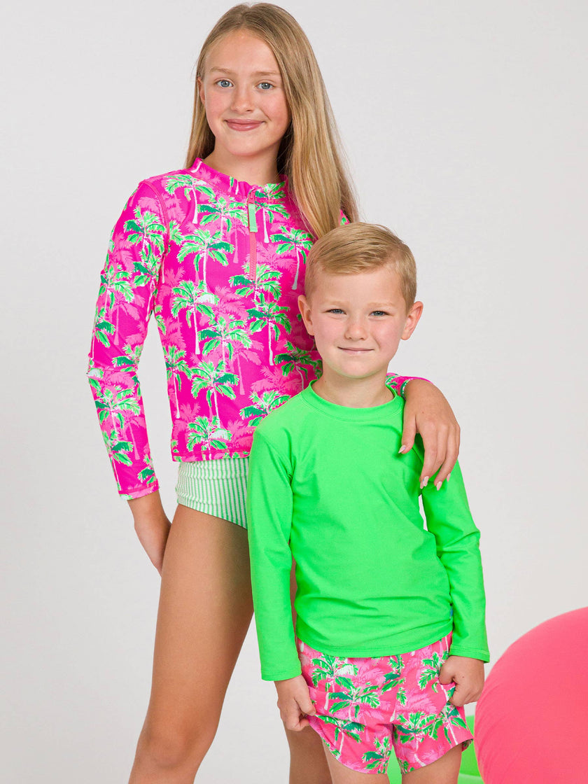 Tween Girls Neon Palm Paradise Long Sleeve Zipper Rash Guard 2-Piece Swimsuit