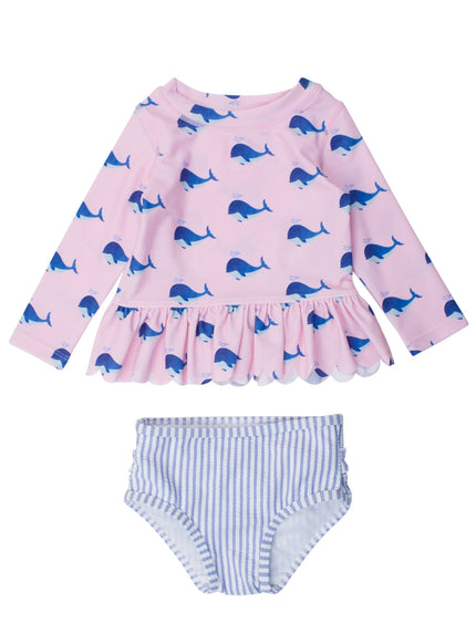 Pink Whale Friends Scalloped Long Sleeve Rash Guard 2-Piece