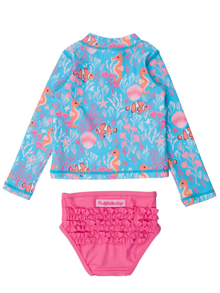 Ocean Tides Girls Long Sleeve Zipper Rash Guard 2-Piece Swimsuit
