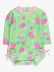 Baby Girls Neon Turtle Tide Long Sleeve One Piece Rash Guard Swimsuit with Signature Rear Ruffles