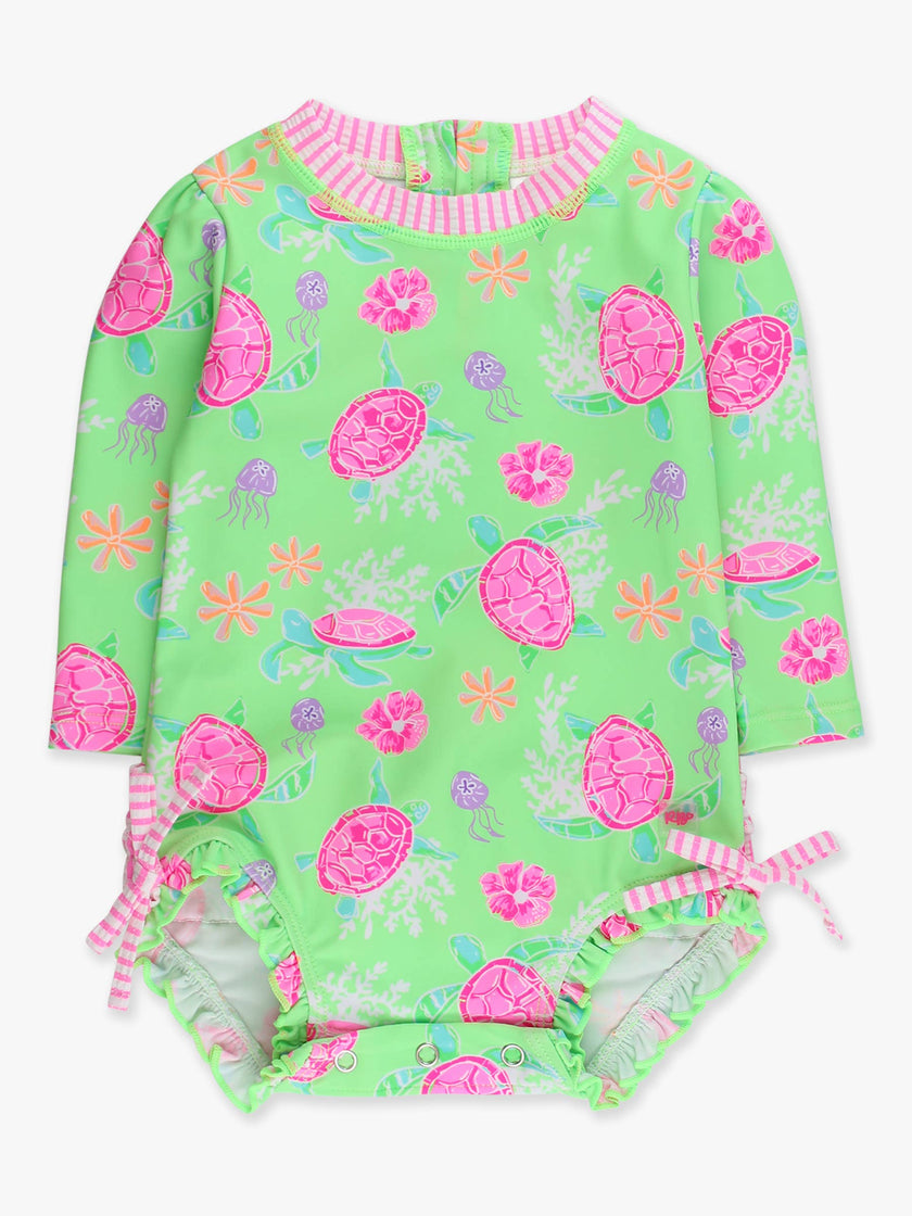 Baby Girls Neon Turtle Tide Long Sleeve One Piece Rash Guard Swimsuit with Signature Rear Ruffles