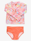 Girls Sunset Seashells Long Sleeve Zipper Rash Guard 2-Piece Swimsuit with Signature Rear Ruffles