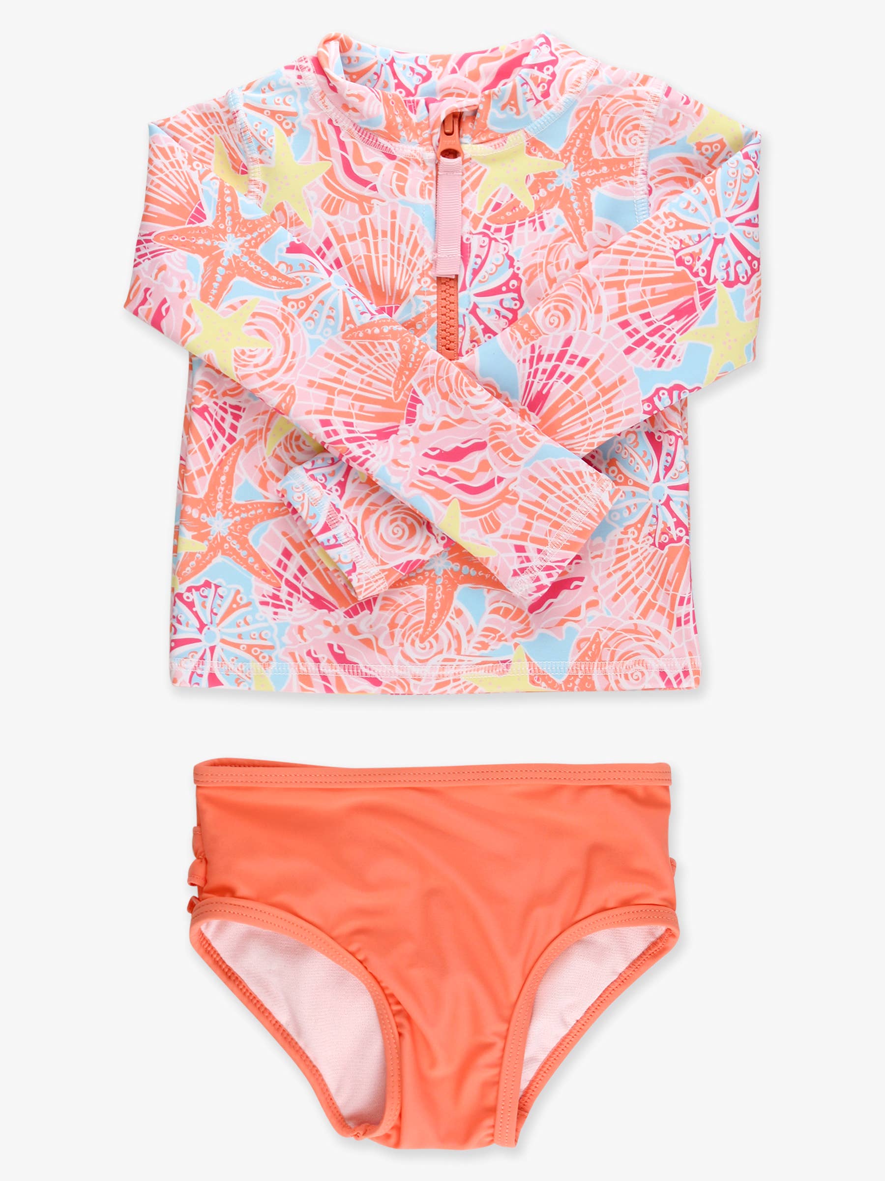 Girls Sunset Seashells Long Sleeve Zipper Rash Guard 2-Piece Swimsuit with Signature Rear Ruffles