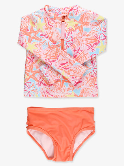 Girls Sunset Seashells Long Sleeve Zipper Rash Guard 2-Piece Swimsuit with Signature Rear Ruffles