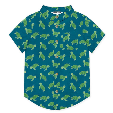 Boys Teal Turtle Rock Short-Sleeve Button-Up
