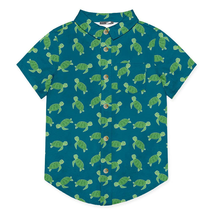 Boys Teal Turtle Rock Short-Sleeve Button-Up