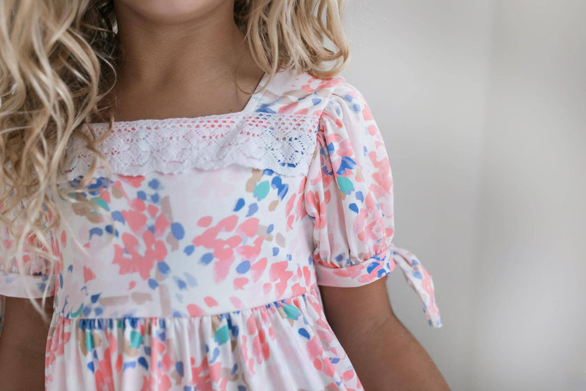 Kids Pink & Blue Lace Tiered Square Neck Dress