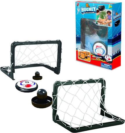 TABLETOP HOCKEY TOY FOR 2 PLAYERS: The table sport game features hovering puck that floats on a cushion of air that can play on any smooth surface. Properly hold the mallet, try to hit the puck against another player's net! Are you ready to play? STANDARD TABLE HOCKEY SET IN A MINI PACKAGE: Game on! It's a full-sized air hockey set which comes with two goal sets, two nets, an adjustable border, and an electronic air puck. Set up the game space on any frictionless playing surface, a table for instance, turn 