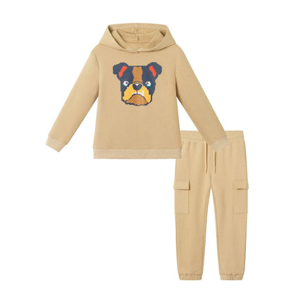 Kids Hooded Patch Sweatshirt & Pant Set | Beige Bulldog
