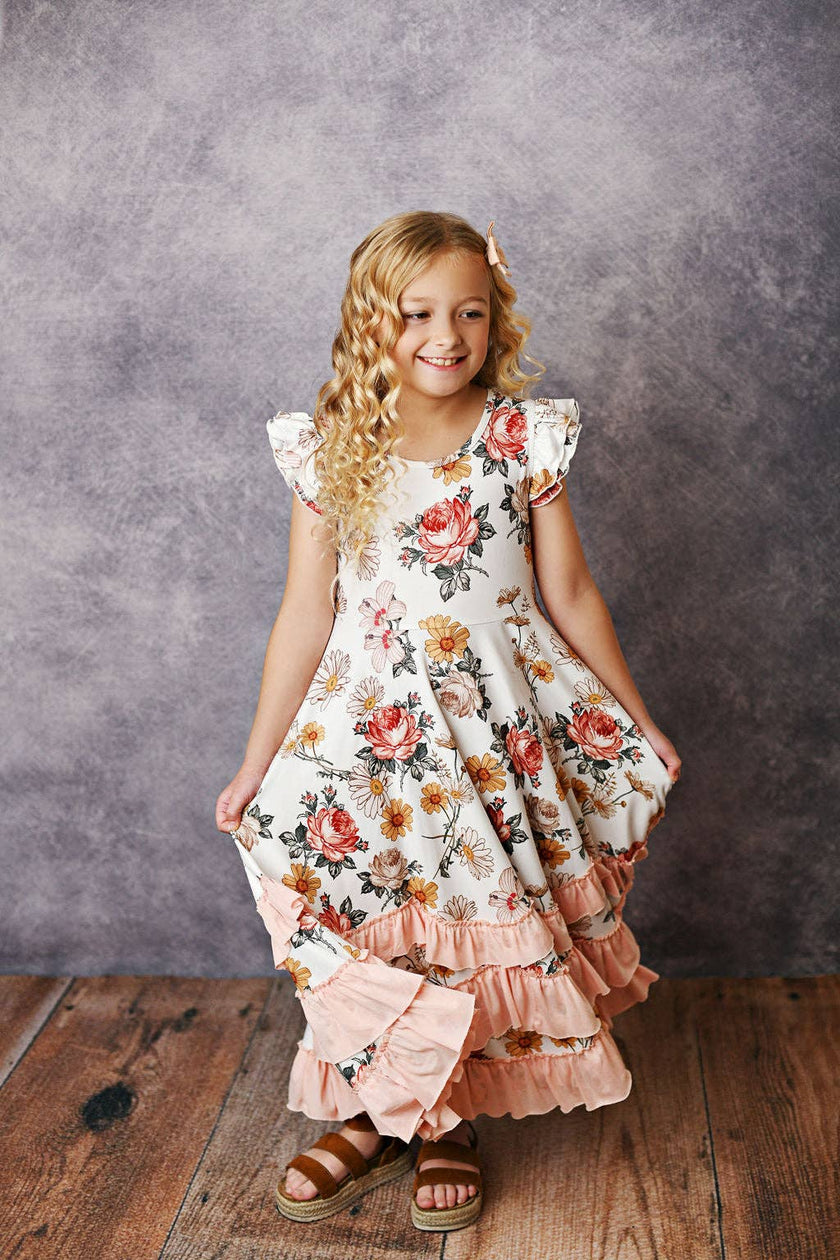 Kids Ivory Botanical Flutter Sleeve Ruffles Spring Dress