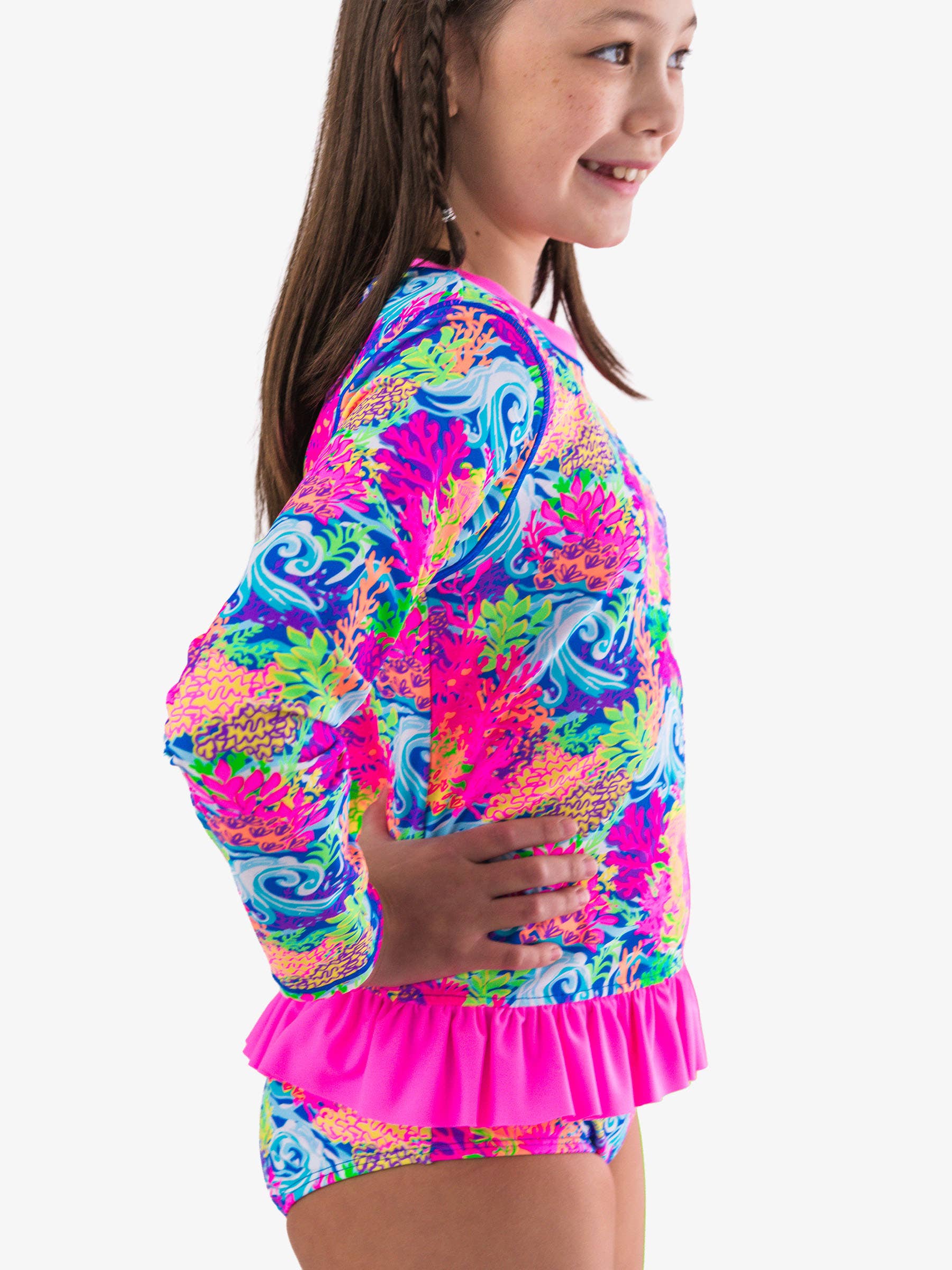 Girls Neon Ocean Coral Long Sleeve Rash Guard 2-Piece Swimsuit