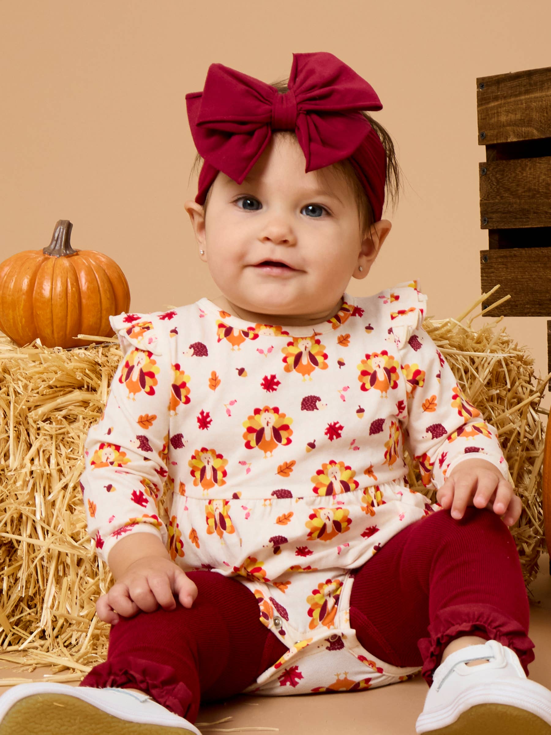 Baby Girls Thanksgiving Turkey Gobble Knit Long Sleeve Flutter Bubble Romper