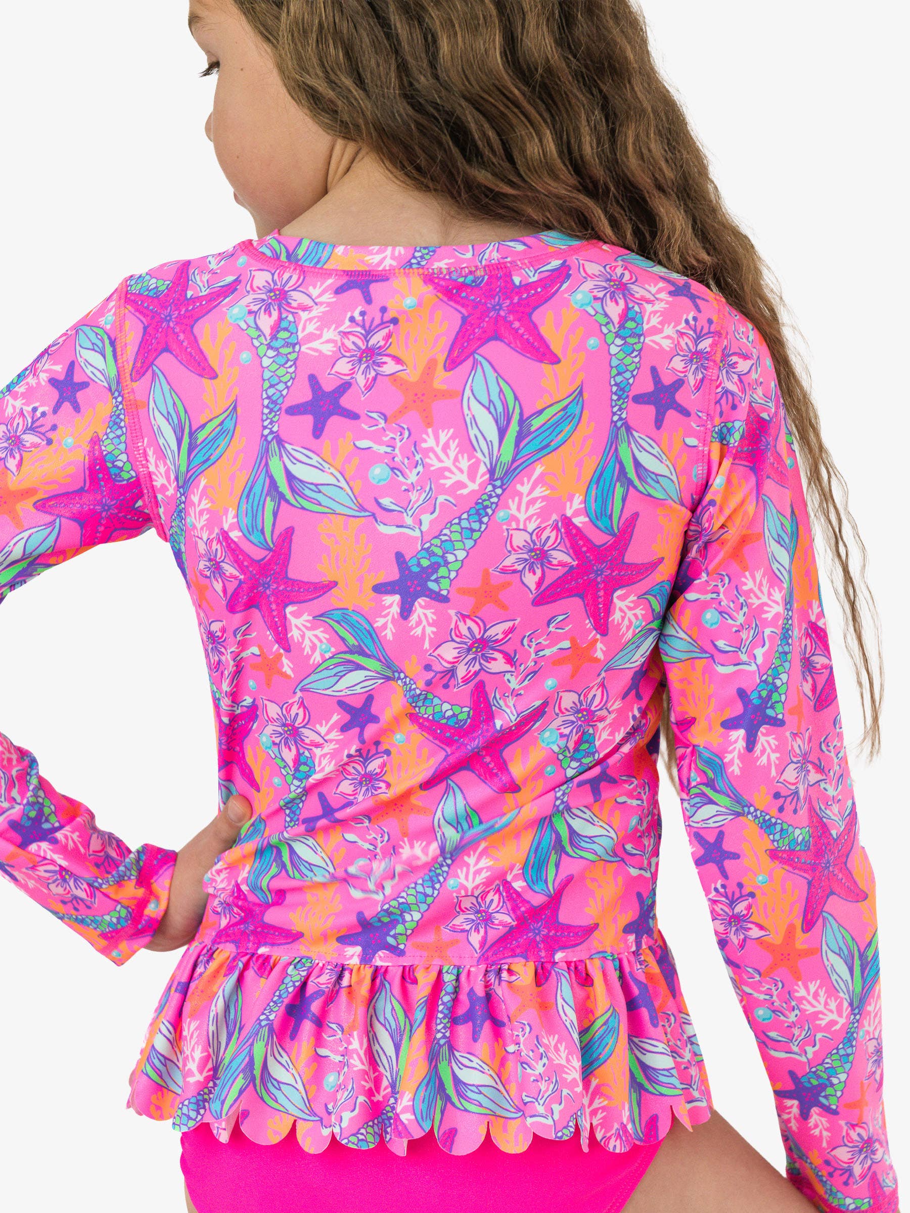 Tween Girls Neon Shimmer Mermaid Scallop Hem Long Sleeve Rash Guard 2-Piece Swimsuit