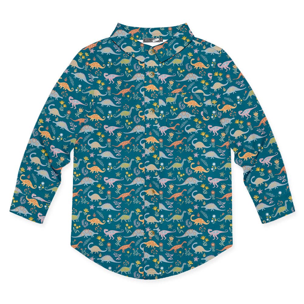Kids Teal Primo Dino Long-Sleeve Button-Up