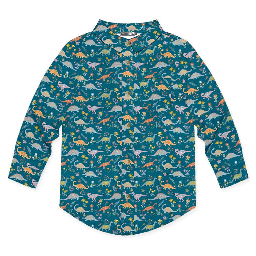 Kids Teal Primo Dino Long-Sleeve Button-Up