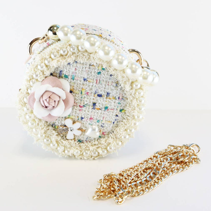 Pearl Trim Round Tweed Purse - Assorted