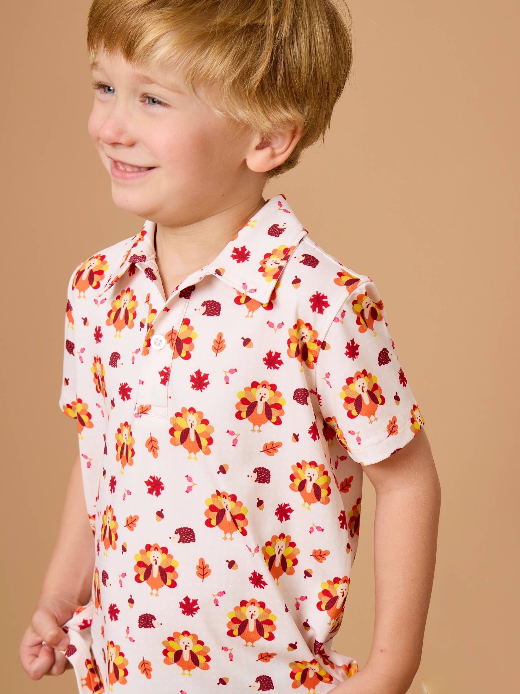 Boys Thanksgiving Turkey Gobble Knit Short Sleeve Performance Polo
