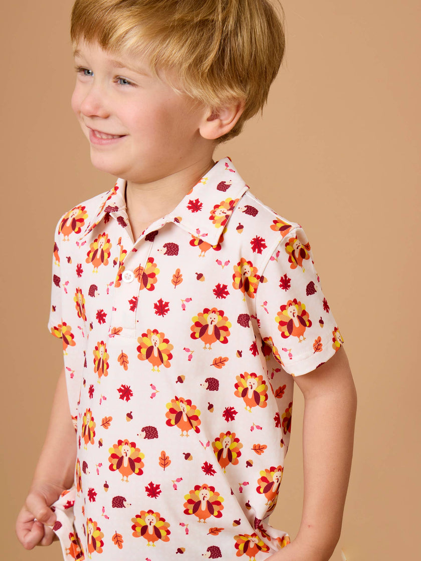 Boys Thanksgiving Turkey Gobble Knit Short Sleeve Performance Polo