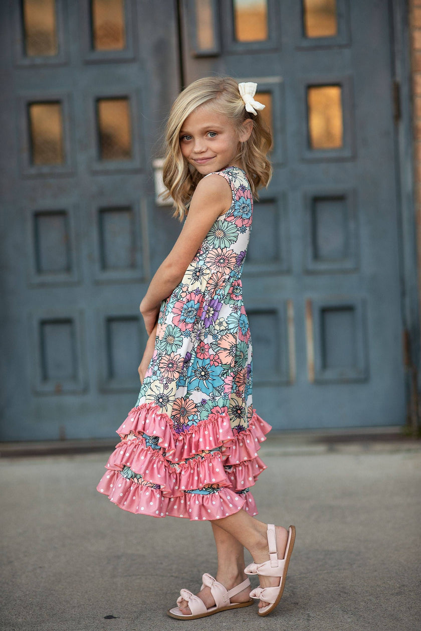 Pastel Floral 3 Ruffle Spring Summer Easter Dress