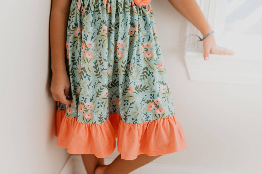 Kids Sage & Dusty Blue Floral Rosette Easter Twirl Dress