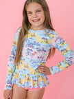 Tween Girls Beach Day Scallop Hem Long Sleeve Rash Guard 2-Piece Swimsuit