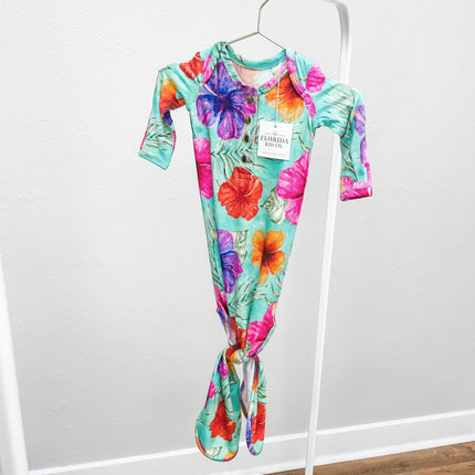 Hibiscus Bright Newborn Bamboo Knotted Gown