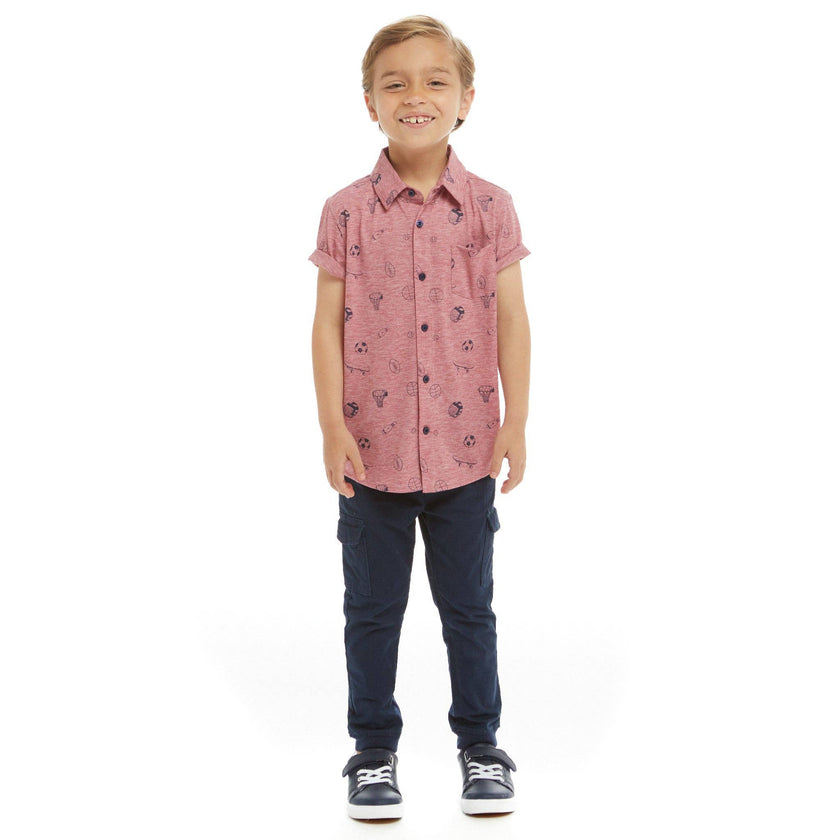 Short Sleeve Knit Buttondown Shirt | Sports Print | Red