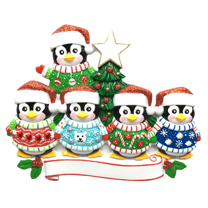 Ugly Sweater Penguin Family Personalized Ornament