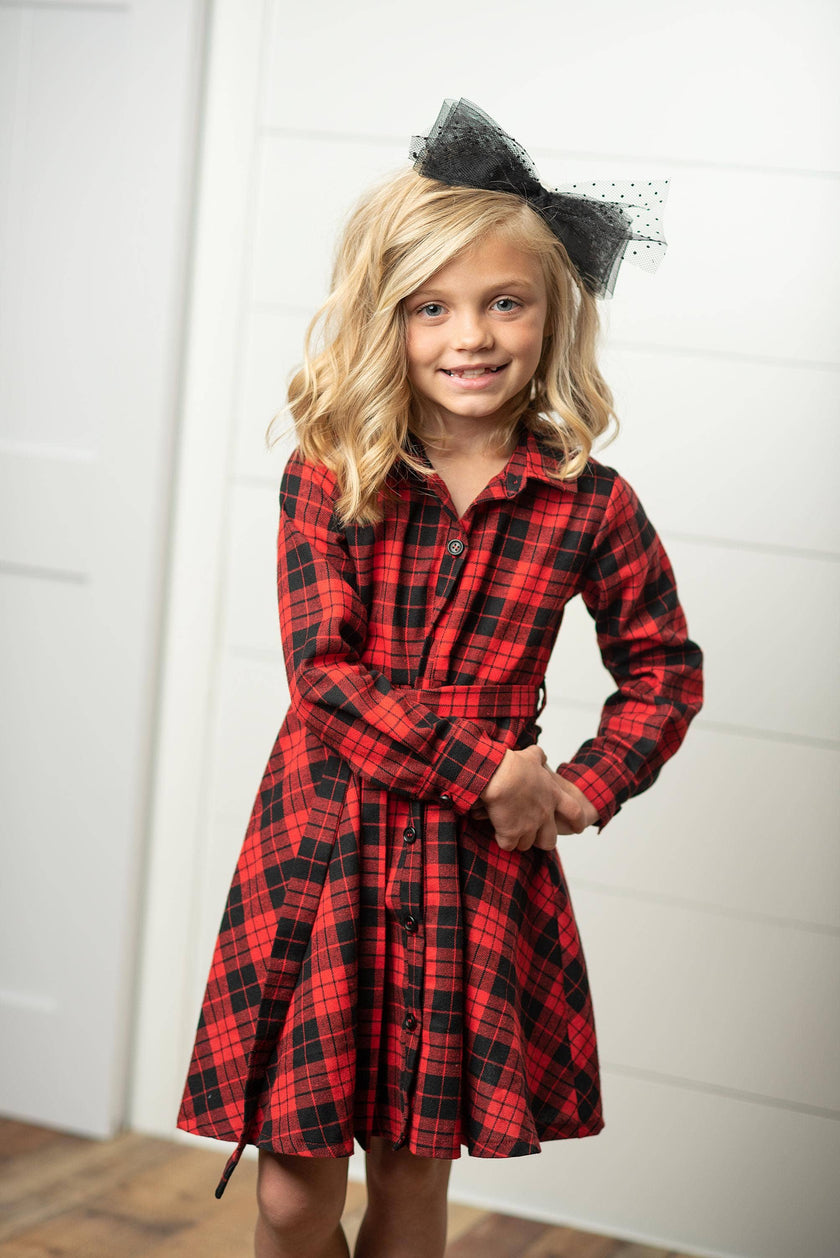 Kids Red & Black Buffalo Check Plaid Winter Holiday Dress