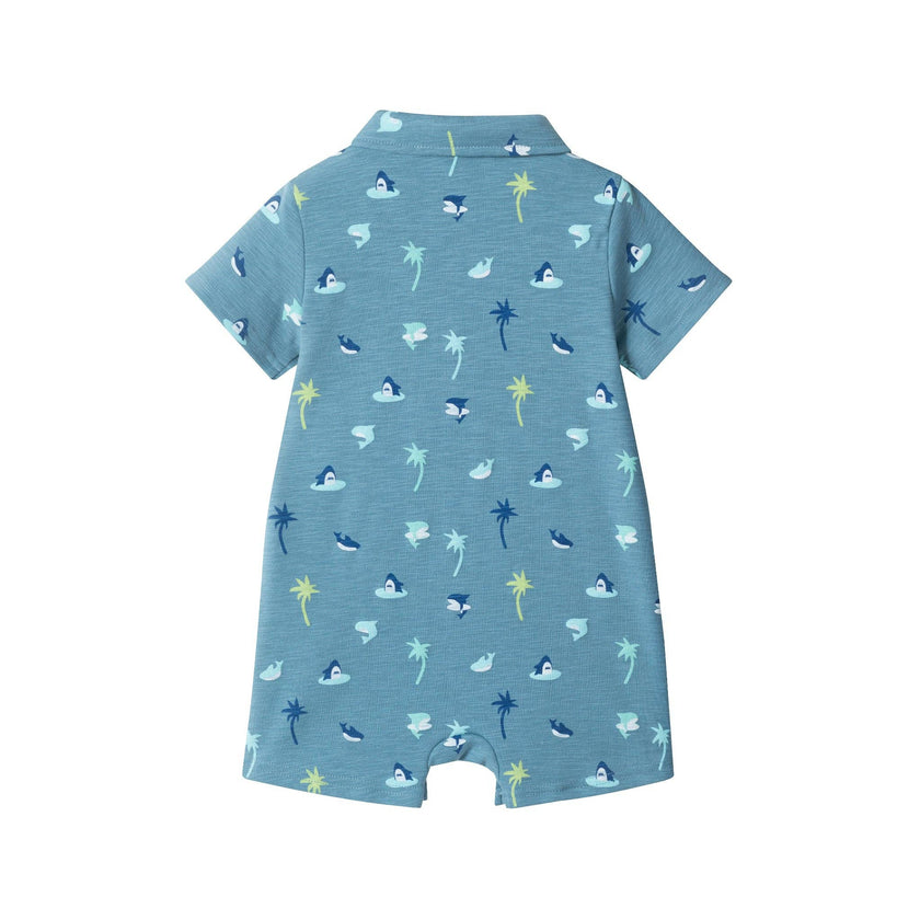 Infant Boys Blue Printed Baby Polo Romper | Blue Palm
