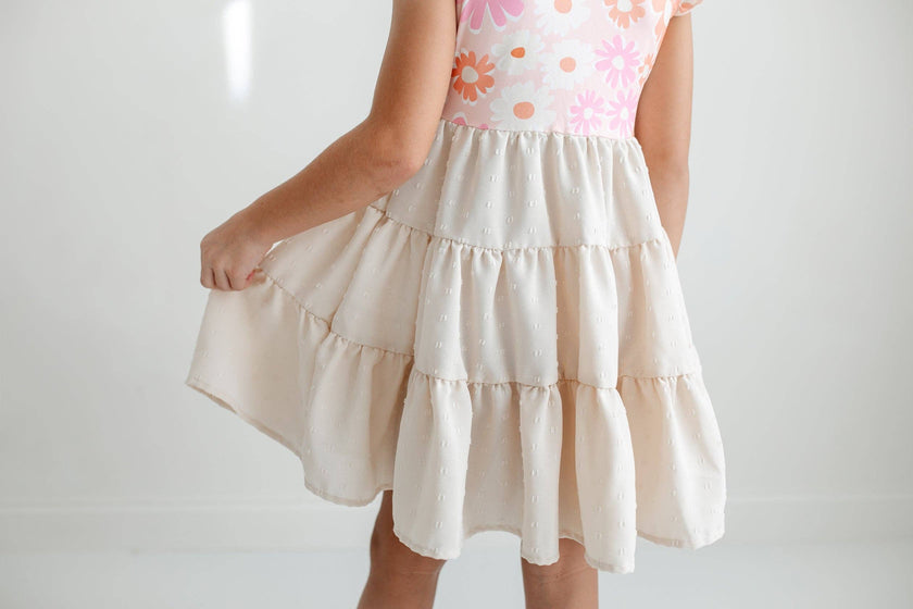Girls Pink & Beige Retro Floral Swiss Dot Spring Twirl Dress