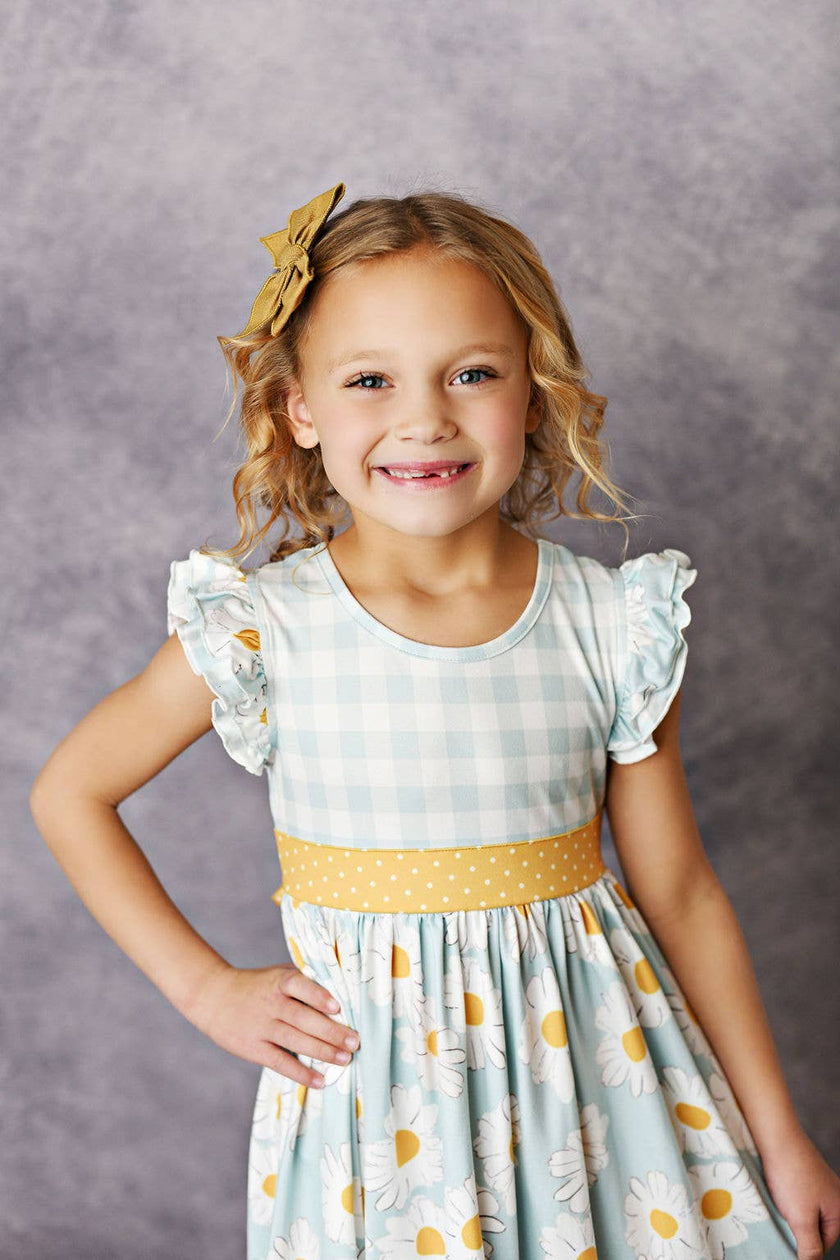 Kids Gingham Check Daisy Ruffle Twirl Spring Easter Dress