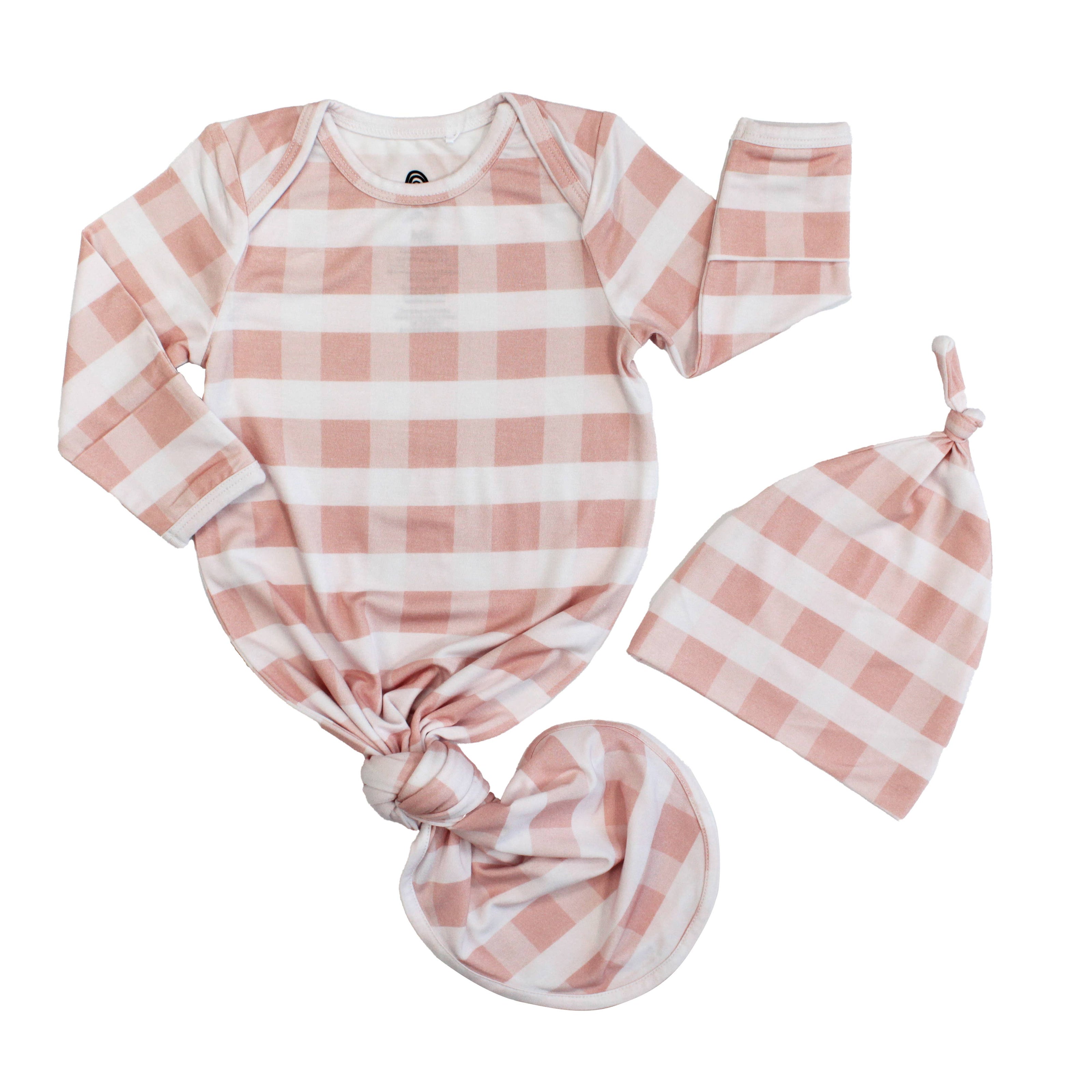 Pink Gingham Bamboo Gown and Hat Newborn Baby Gift Set
