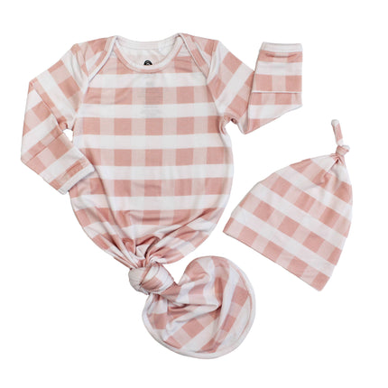 Pink Gingham Bamboo Gown and Hat Newborn Baby Gift Set