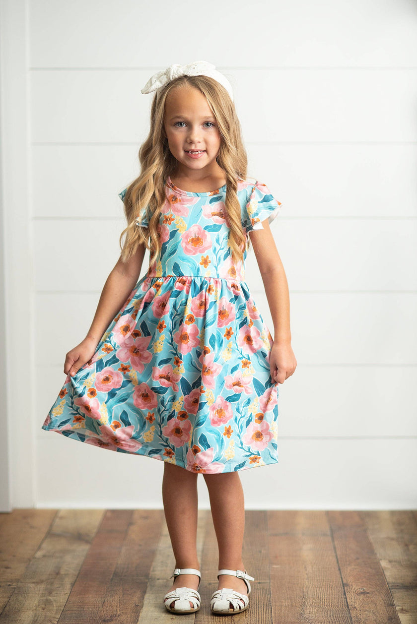 Girls Claire Teal & Pink Floral Spring Summer Twirl Dress
