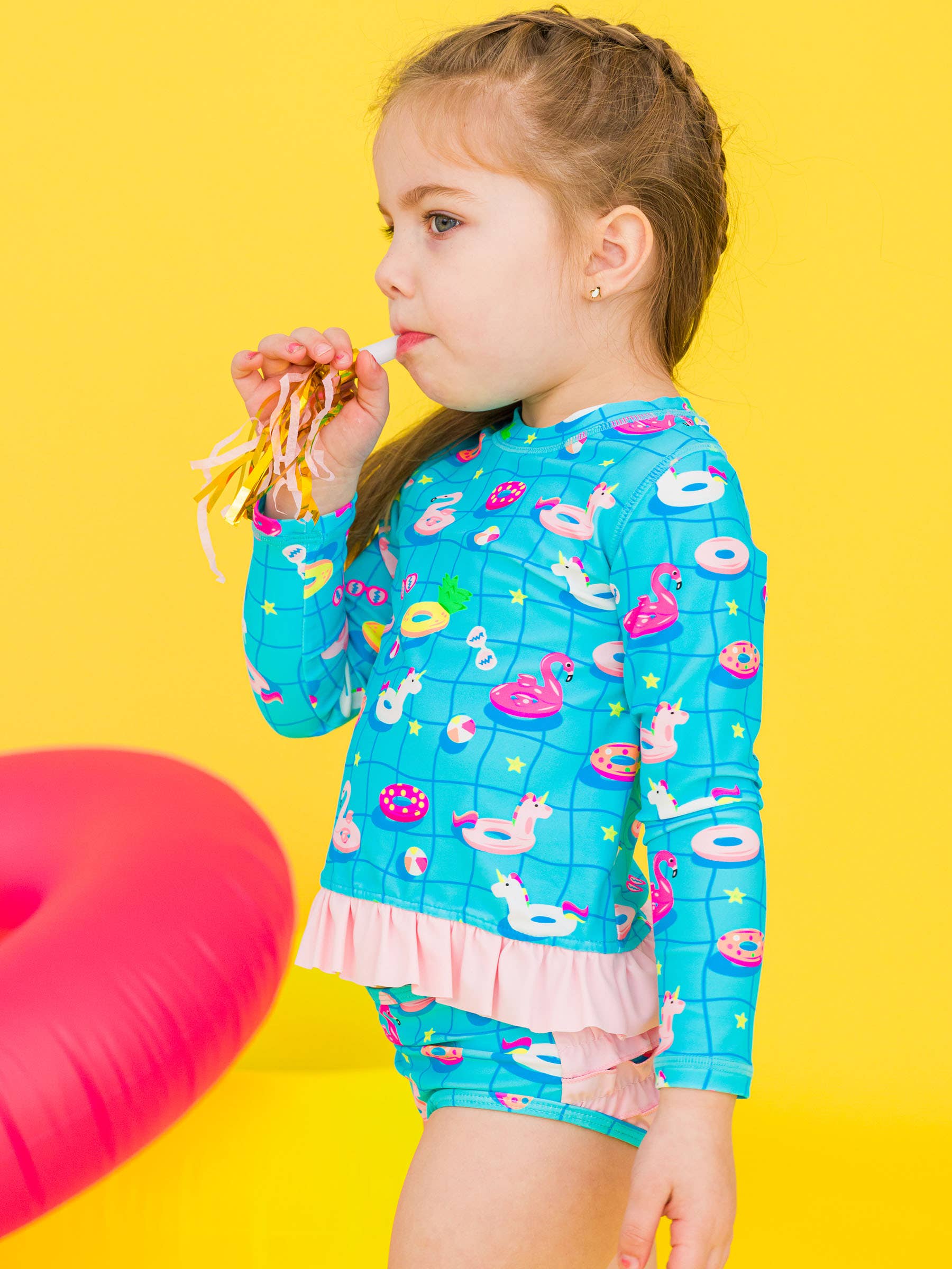 Neon Pool Party Long Sleeve One Piece Rash Guard Swim Suit