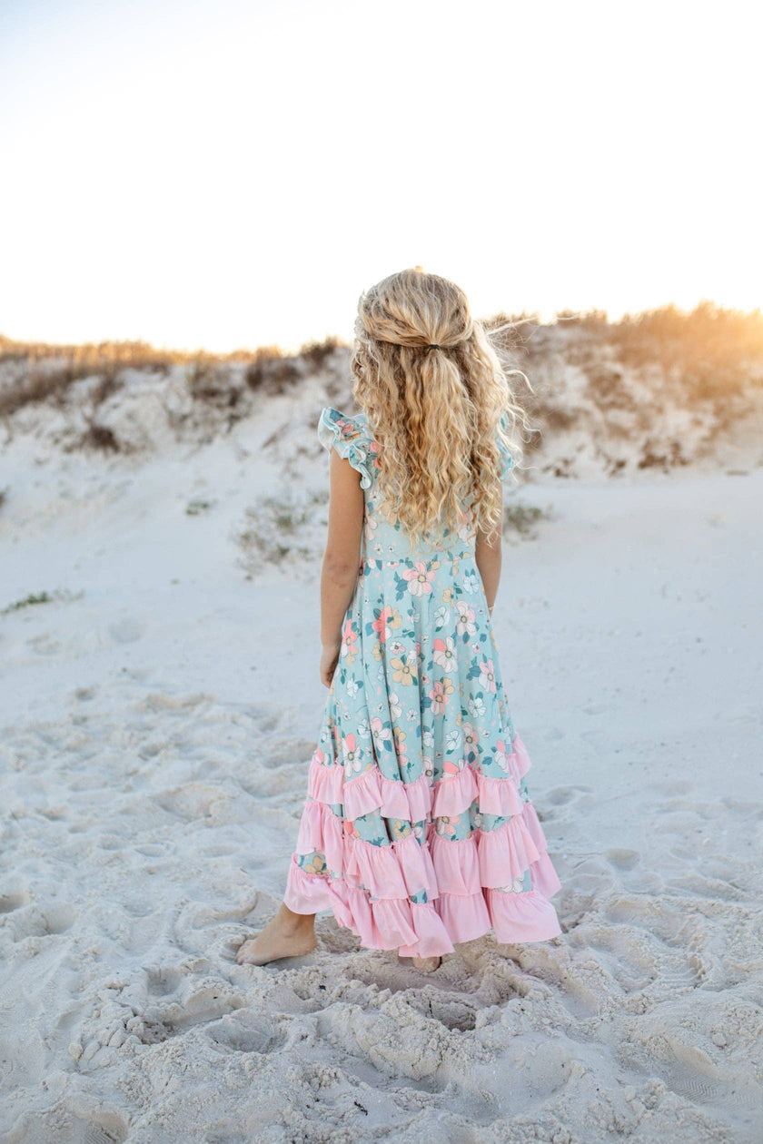 Kids Bella Mint Pastel Floral Flutter Sleeve Ruffles Dress