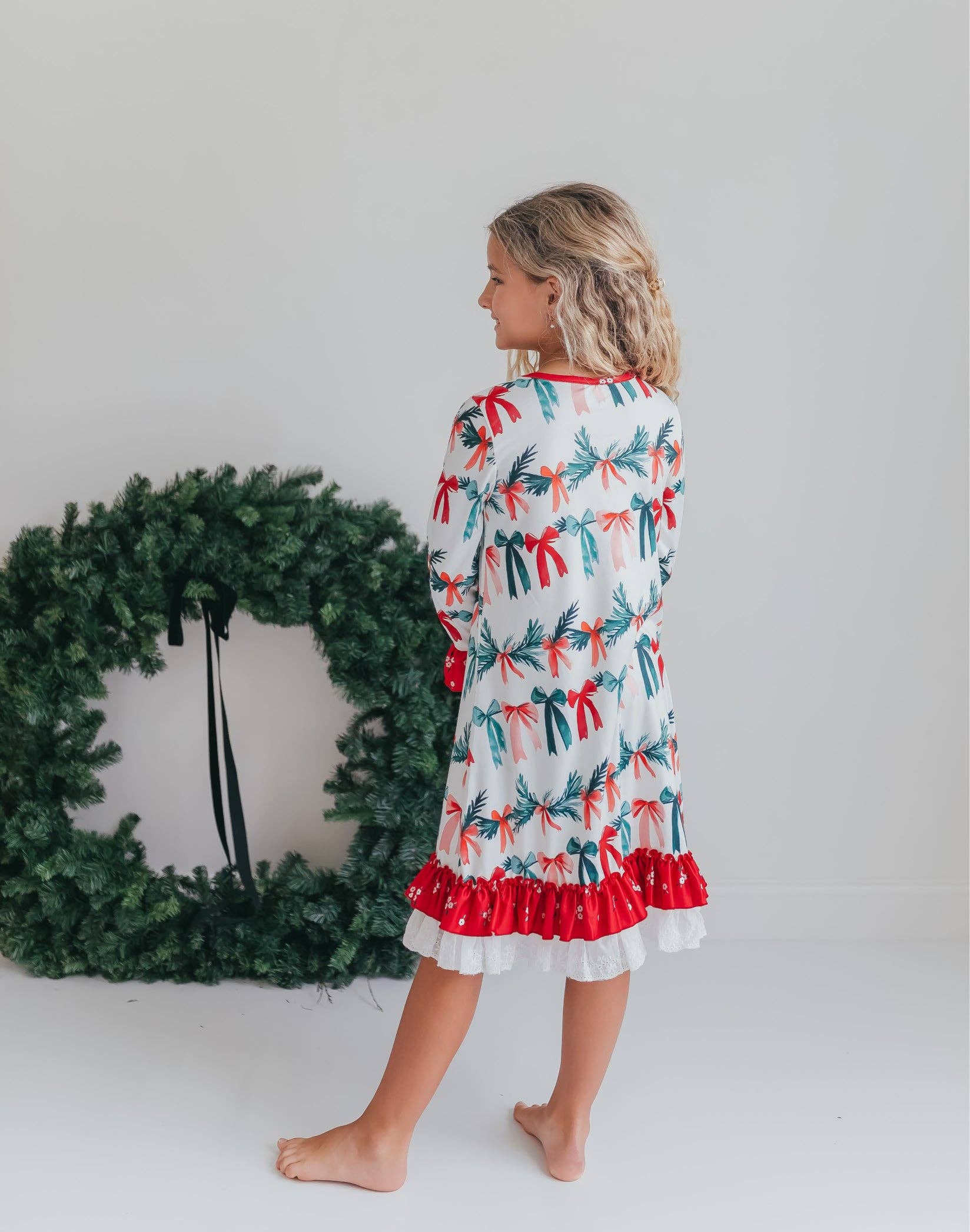 Kids Holly & Bows Christmas Holiday Lace Ruffle Lounge Gown