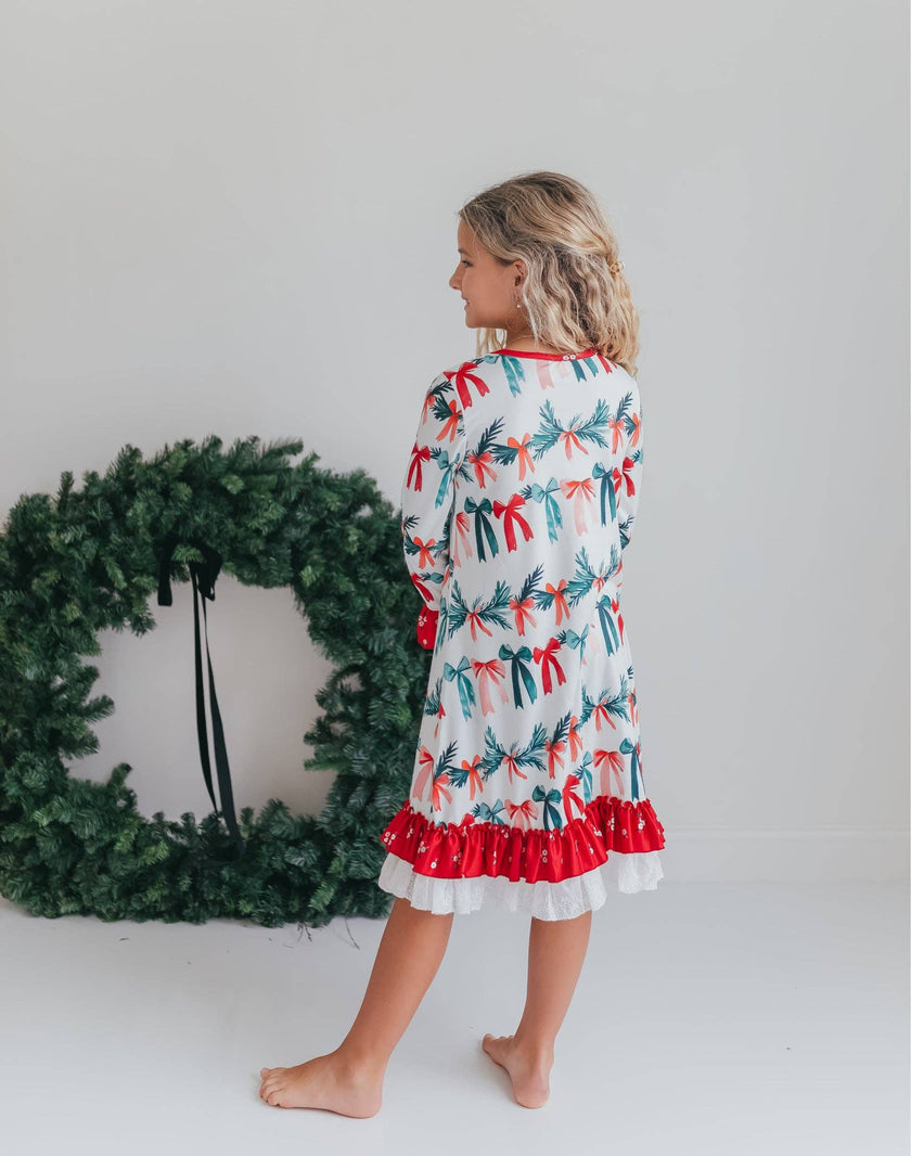Kids Holly & Bows Christmas Holiday Lace Ruffle Lounge Gown