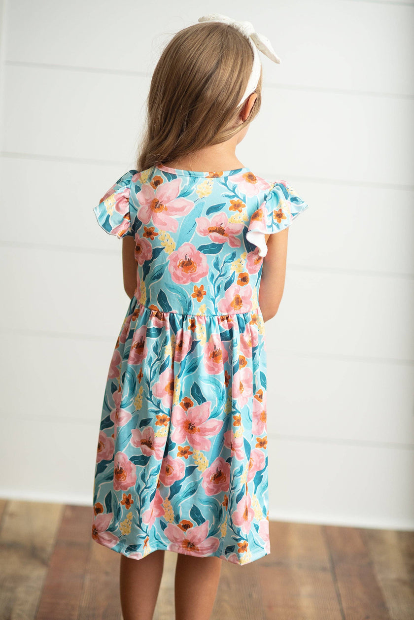 Girls Claire Teal & Pink Floral Spring Summer Twirl Dress