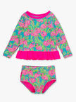 Girls Neon Flamingo Fun Long Sleeve Rash Guard 2-Piece Swimsuit with Signature Rear Ruffles